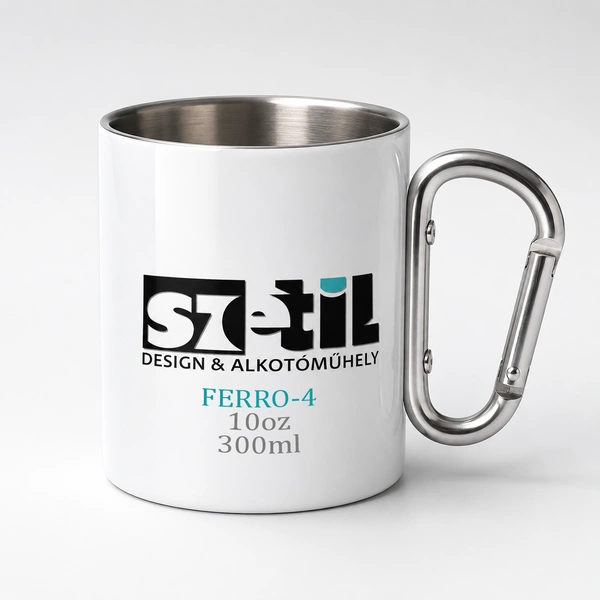 FERRO-4 Fehér karabineres fém bögre 10oz 300ml